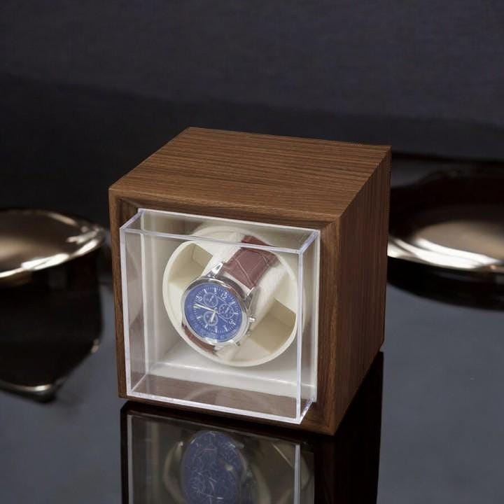 Automatic Watch Winder Box - Walnut Wood Single Watch Case with Protective Cover and Pillow.