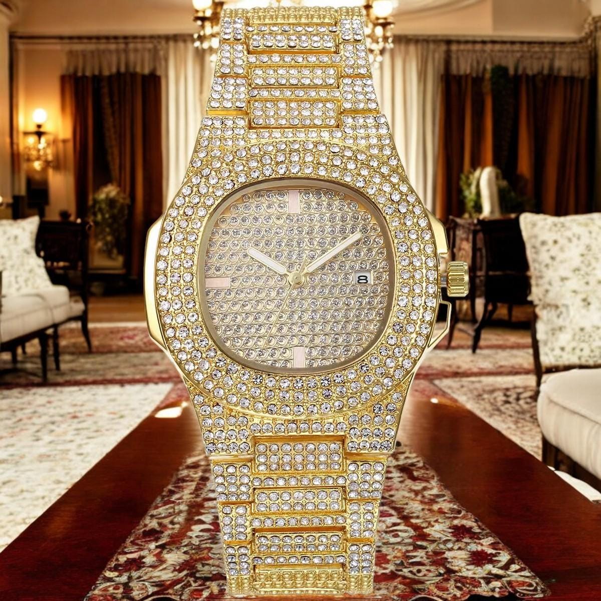 Luxury Diamond Curb Bracelet & Cuban Link Quartz Watch Set - My Store