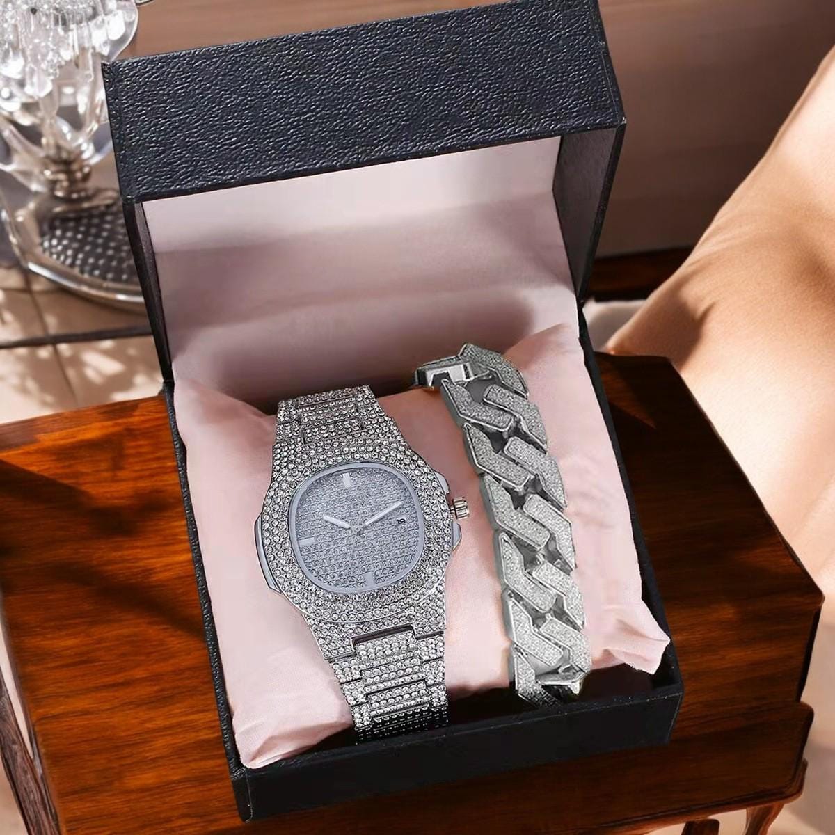 Luxury Diamond Curb Bracelet & Cuban Link Quartz Watch Set - My Store