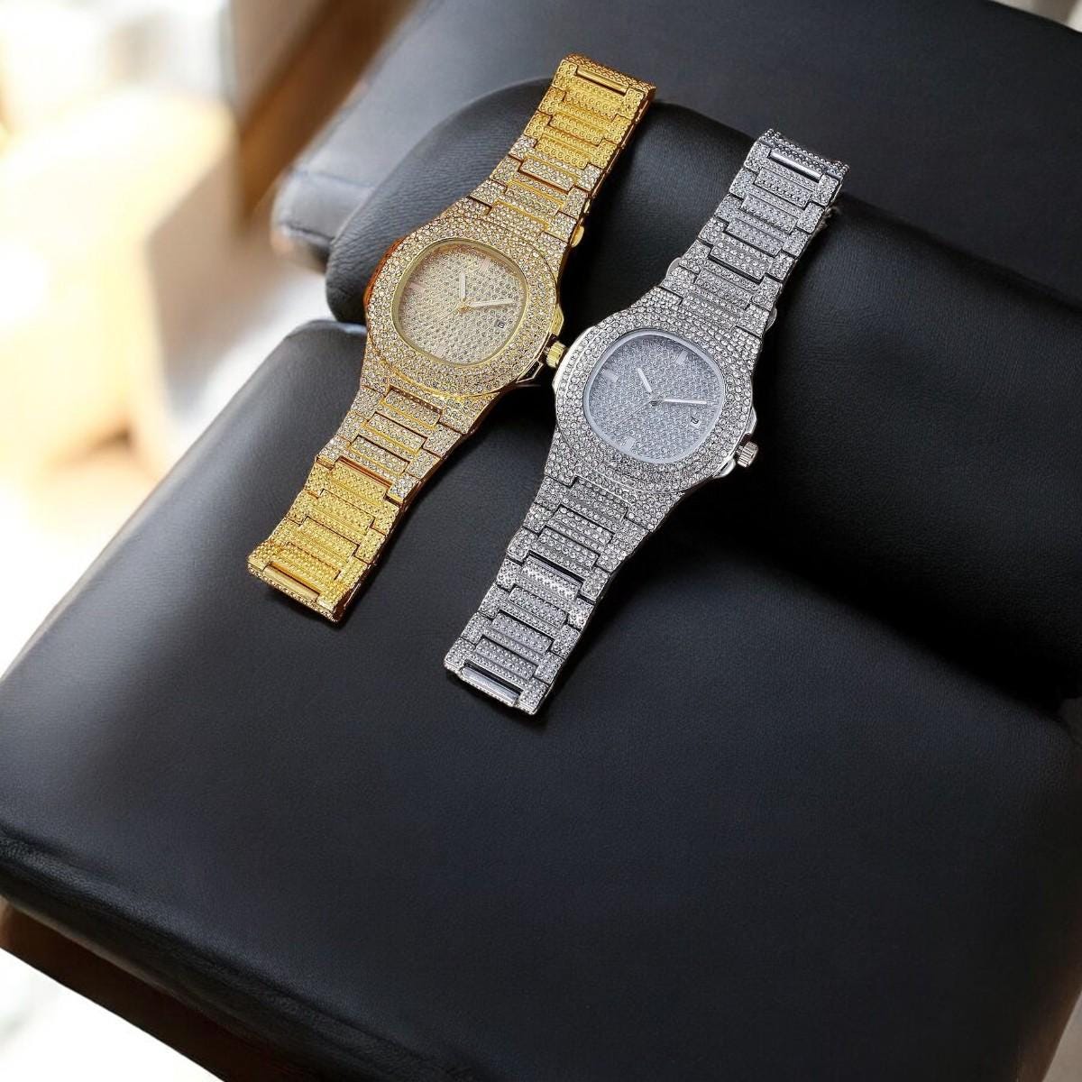 Luxury Diamond Curb Bracelet & Cuban Link Quartz Watch Set - My Store