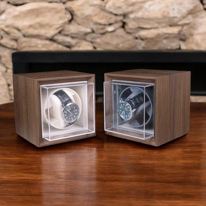 Automatic Watch Winder Box - Walnut Wood Single Watch Case with Protective Cover and Pillow.