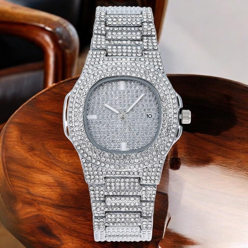 Luxury Diamond Curb Bracelet & Cuban Link Quartz Watch Set - My Store