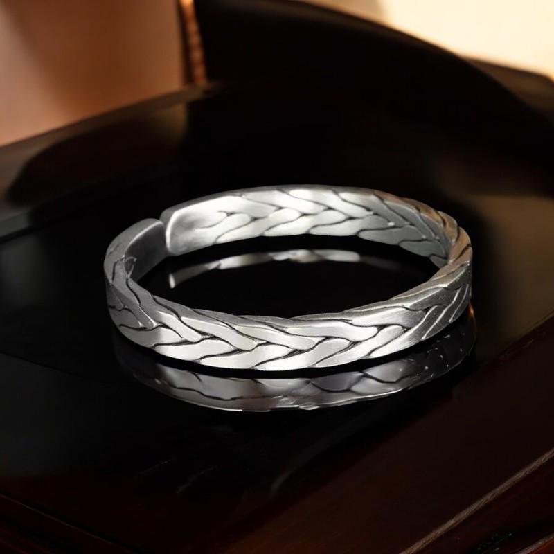 Elegant S925 Sterling Silver Woven Open Bracelet for Men & Women – Retro National Style, Interwoven Love, Luxury Couple Gift - My Store