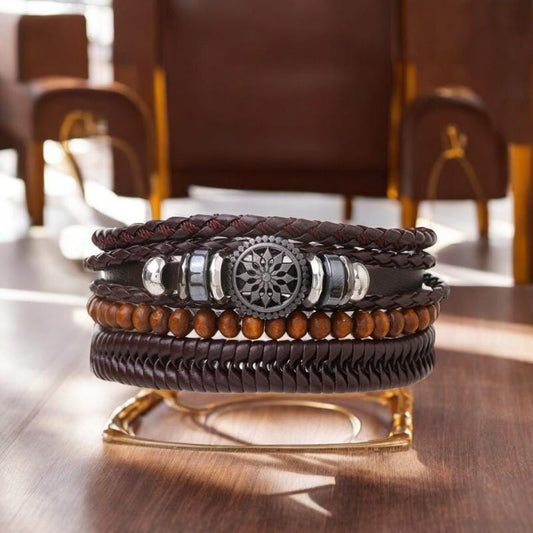 4-Piece Set Braided Leather Bracelets for Men: Vintage Life Tree, Rudder Charm & Wood Beads Ethnic Tribal Wristbands. - My Store