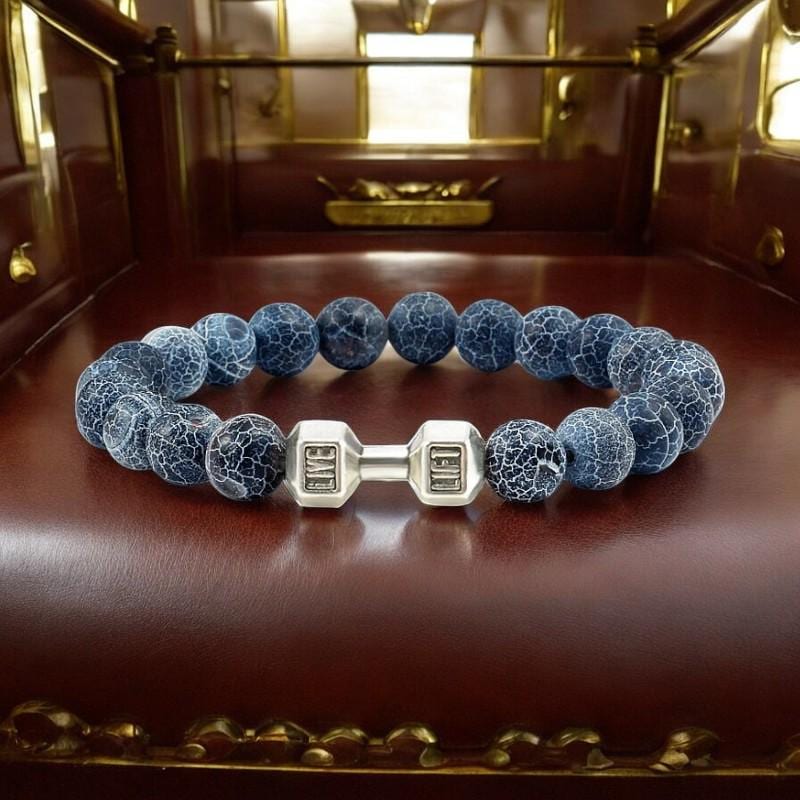 Natural Volcanic Stone Bracelet for Men  Women  Matte White and Black Lava  White Beads with Dumbbell Charm Fitness & Strength Jewelry. - My Store