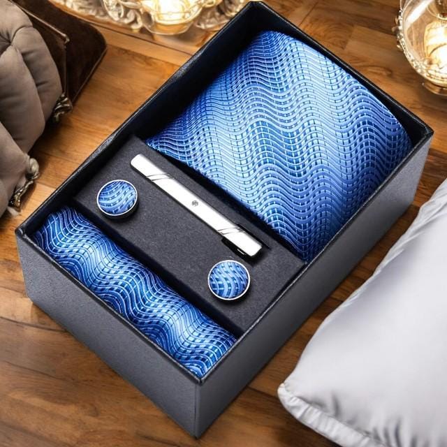 Men's Tie  Pocket Square Set  Elegant Necktie, Handkerchief, and Cufflinks in Gift Box for Weddings, Holidays, & Office Style - My Store