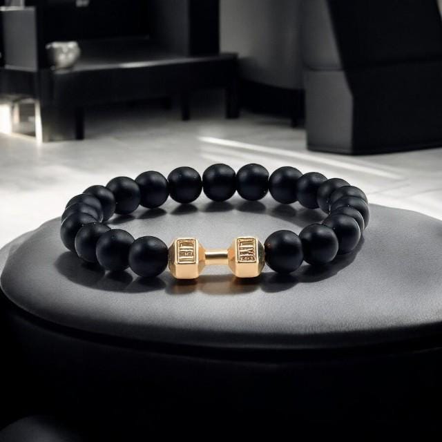 Natural Volcanic Stone Bracelet for Men  Women  Matte White and Black Lava  White Beads with Dumbbell Charm Fitness & Strength Jewelry. - My Store