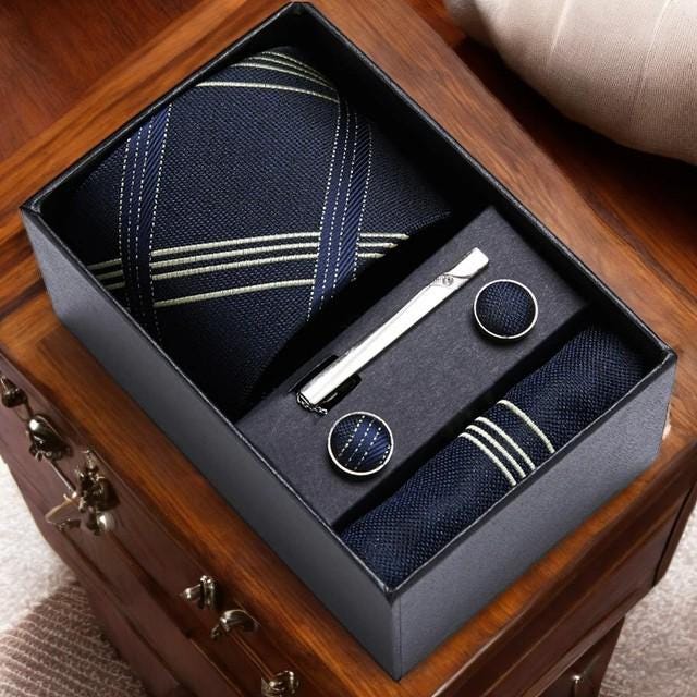 Men's Tie  Pocket Square Set  Elegant Necktie, Handkerchief, and Cufflinks in Gift Box for Weddings, Holidays, & Office Style - My Store