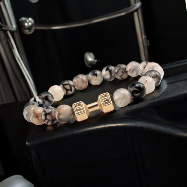 Natural Volcanic Stone Bracelet for Men  Women  Matte White and Black Lava  White Beads with Dumbbell Charm Fitness & Strength Jewelry. - My Store