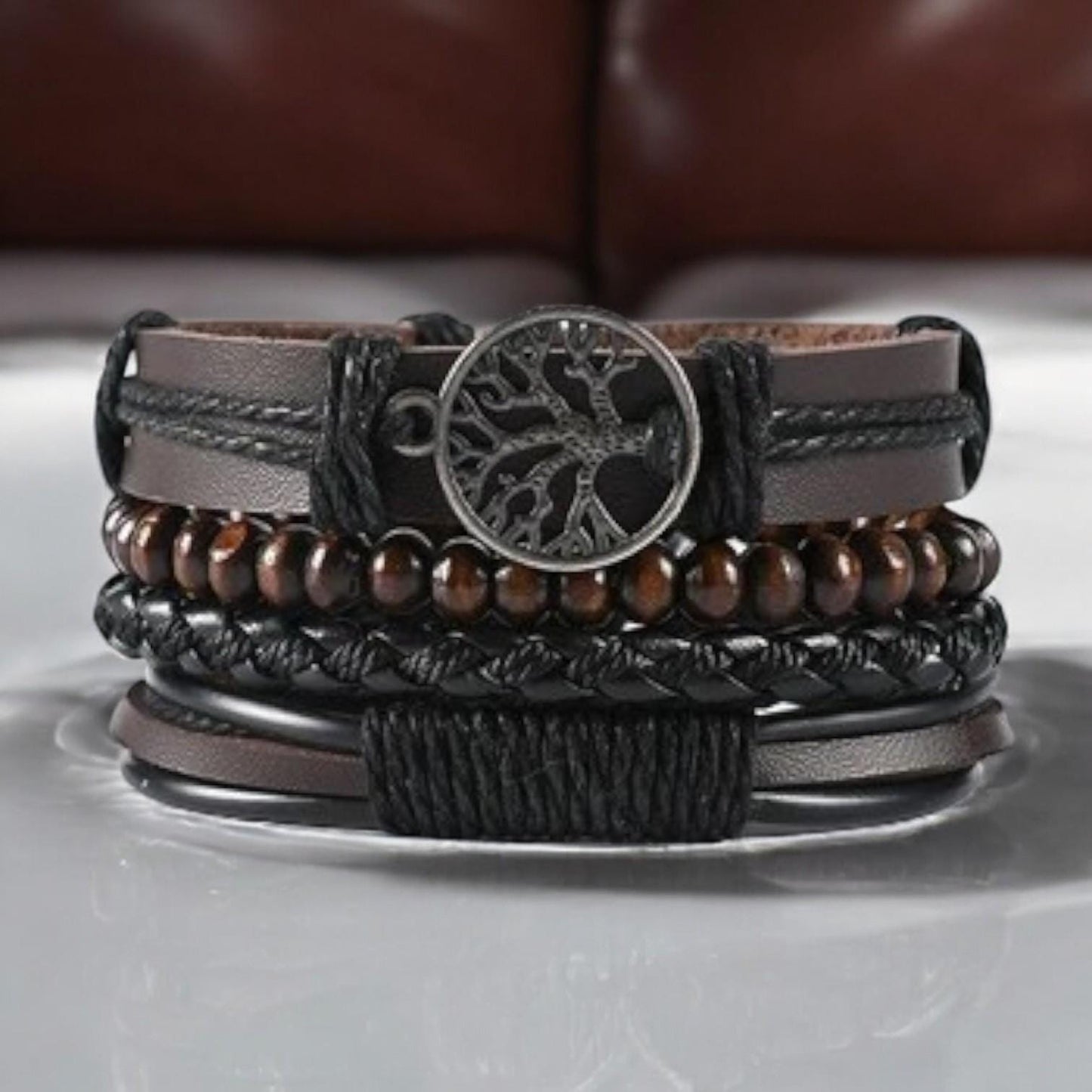 4-Piece Set Braided Leather Bracelets for Men: Vintage Life Tree, Rudder Charm & Wood Beads Ethnic Tribal Wristbands. - My Store