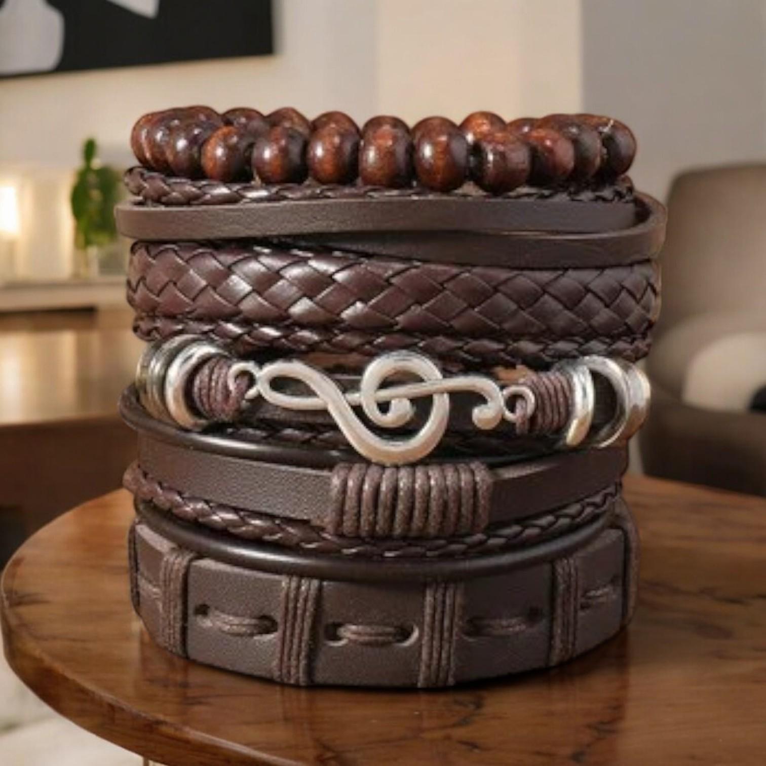 4-Piece Set Braided Leather Bracelets for Men: Vintage Life Tree, Rudder Charm & Wood Beads Ethnic Tribal Wristbands. - My Store