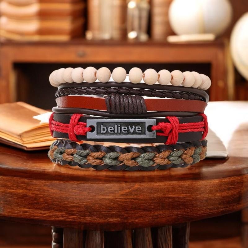 4-Piece Set Braided Leather Bracelets for Men: Vintage Life Tree, Rudder Charm & Wood Beads Ethnic Tribal Wristbands. - My Store