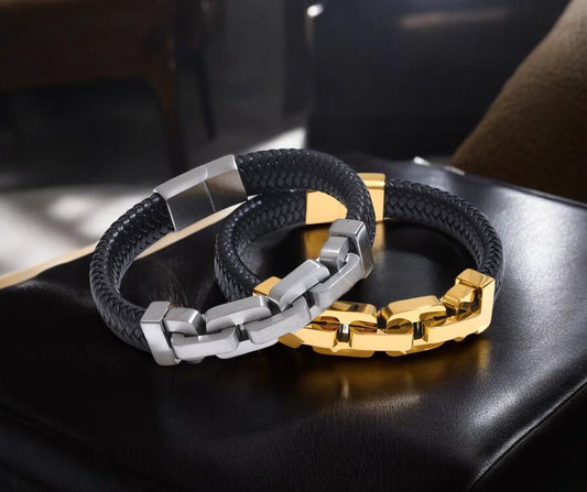 18K GOLD  Plated ,Stainless Steel & Leather Men's Bracelet -  Waterproof Bangle, High-Quality Jewelry" - My Store