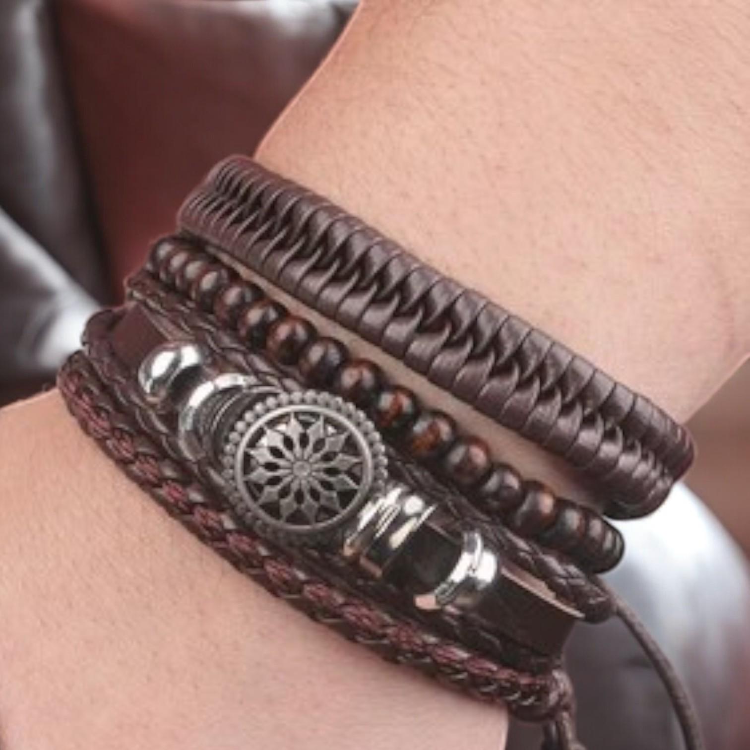 4-Piece Set Braided Leather Bracelets for Men: Vintage Life Tree, Rudder Charm & Wood Beads Ethnic Tribal Wristbands. - My Store