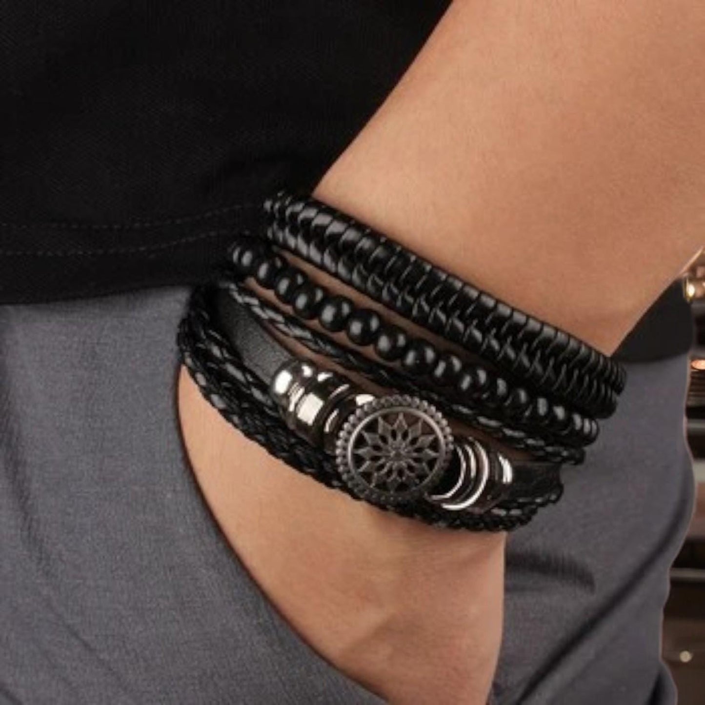4-Piece Set Braided Leather Bracelets for Men: Vintage Life Tree, Rudder Charm & Wood Beads Ethnic Tribal Wristbands. - My Store