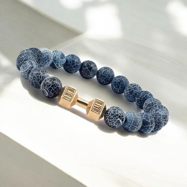 Natural Volcanic Stone Bracelet for Men  Women  Matte White and Black Lava  White Beads with Dumbbell Charm Fitness & Strength Jewelry. - My Store