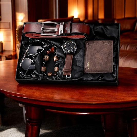 Luxury Men's Gift Set: 5-Piece Quartz Watch, Wallet, Belt, Bracelet & Glasses" - My Store