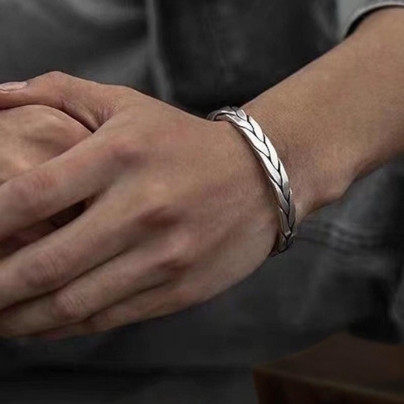 Elegant S925 Sterling Silver Woven Open Bracelet for Men & Women – Retro National Style, Interwoven Love, Luxury Couple Gift - My Store