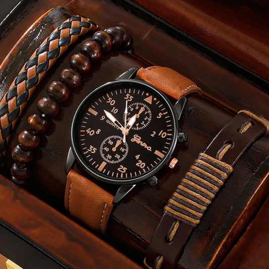 Luxury Men’s Watch & Bracelet Set – Brown Leather Quartz Wristwatch for Men, Fashion Business Gift Set, Relogio Masculino - My Store
