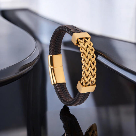 Gold-Plated Stainless Steel & Braided Leather Franco Bracelet – Stylish Men's Jewelry, Bold Elegant Gift for Him - My Store