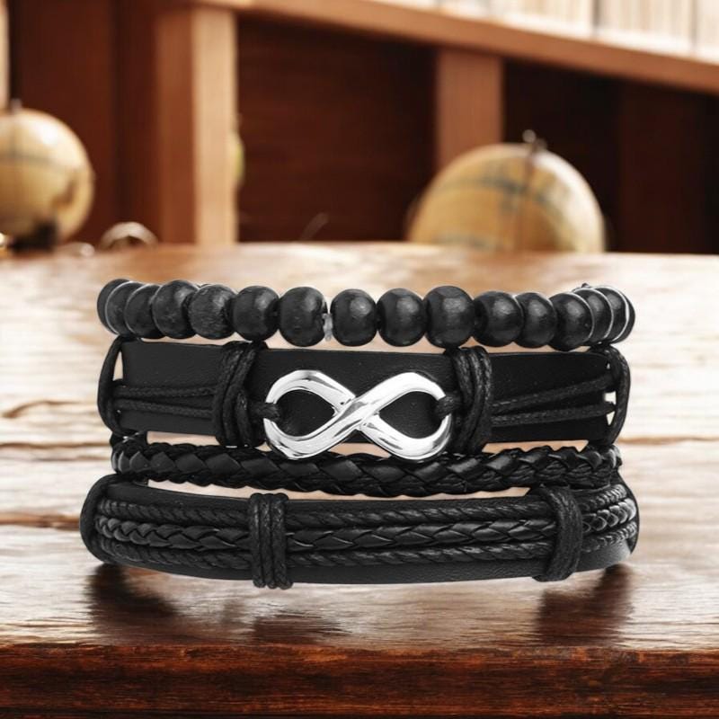 4-Piece Set Braided Leather Bracelets for Men: Vintage Life Tree, Rudder Charm & Wood Beads Ethnic Tribal Wristbands. - My Store