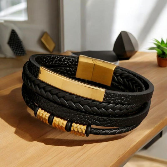 Timeless Men's Leather Bracelet with Gold & Chrome Accents: Hand-Woven, Multi-Layered Design for Bold, Classic Style, - My Store