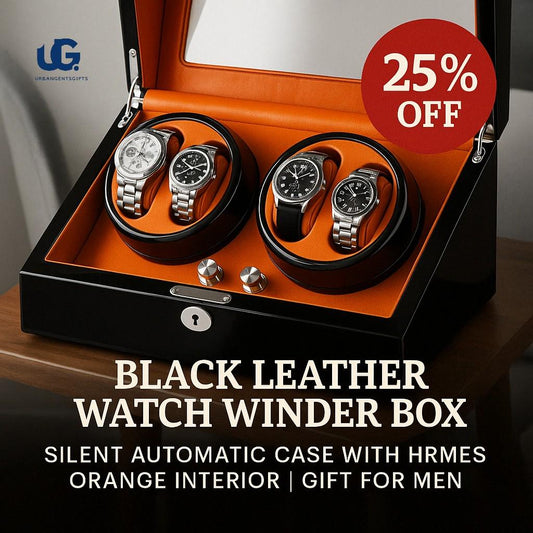 Black  Watch Winder Box – Silent Automatic Case with Hermes Orange Interior | Gift for Men - My Store