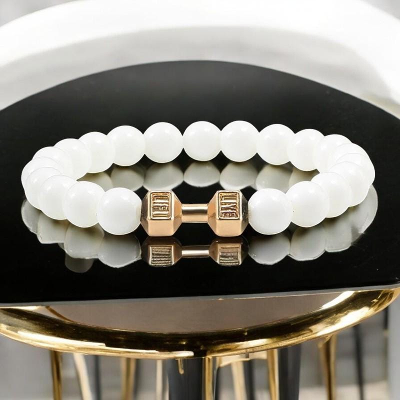 Natural Volcanic Stone Bracelet for Men  Women  Matte White and Black Lava  White Beads with Dumbbell Charm Fitness & Strength Jewelry. - My Store