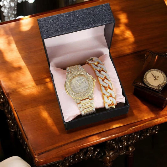 Luxury Diamond Curb Bracelet & Cuban Link Quartz Watch Set - My Store