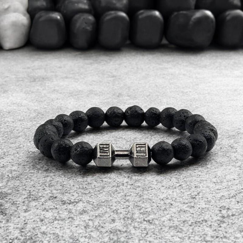 Natural Volcanic Stone Bracelet for Men  Women  Matte White and Black Lava  White Beads with Dumbbell Charm Fitness & Strength Jewelry. - My Store