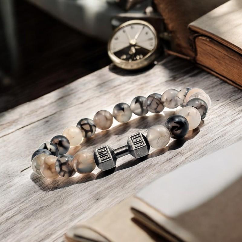 Natural Volcanic Stone Bracelet for Men  Women  Matte White and Black Lava  White Beads with Dumbbell Charm Fitness & Strength Jewelry. - My Store