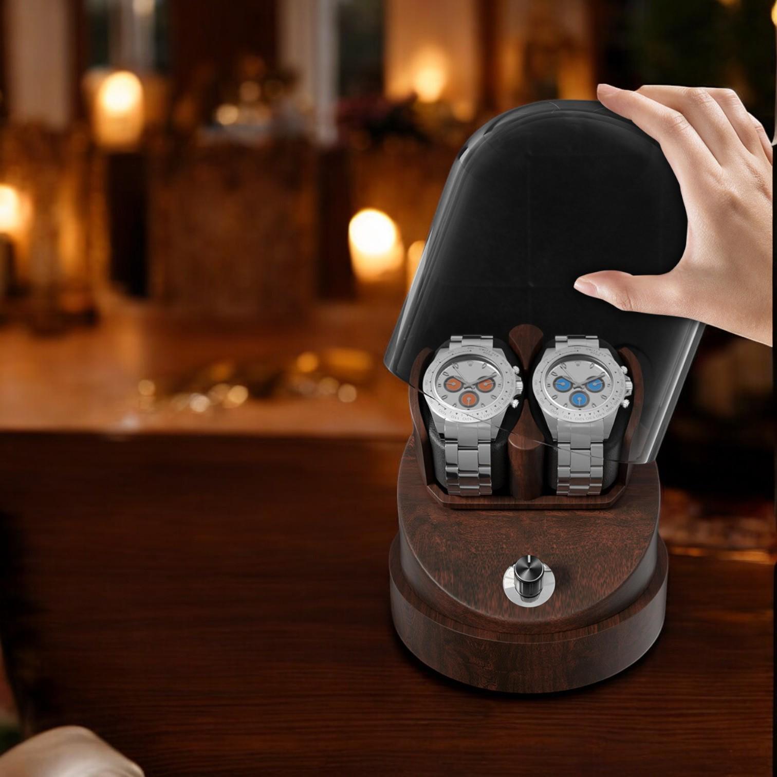 Elegant Wooden Watch Winder Box for 2 Automatic Watches – Luxury Display Case with Transparent Lid and Quiet Mabuchi Motor - My Store