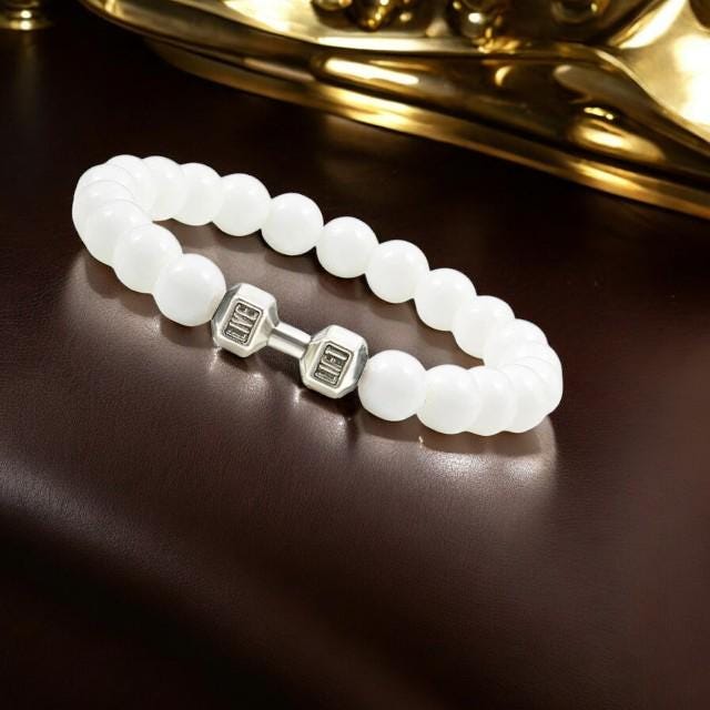 Natural Volcanic Stone Bracelet for Men  Women  Matte White and Black Lava  White Beads with Dumbbell Charm Fitness & Strength Jewelry. - My Store