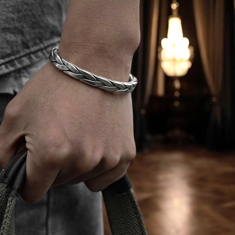 Elegant S925 Sterling Silver Woven Open Bracelet for Men & Women – Retro National Style, Interwoven Love, Luxury Couple Gift - My Store