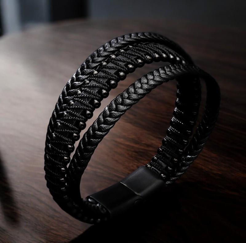 Fashion Multi-layer Leather Bracelets & Charm Bangle Handmade Stainless Steel Button Bracelet For Men Jewelry. - My Store
