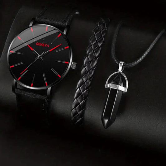 Geneva 3pcs Luxury Men's Watch Set - Casual Leather Quartz Wristwatch with Bracelet & Necklace - Stylish Business Sports Watch for Men - My Store