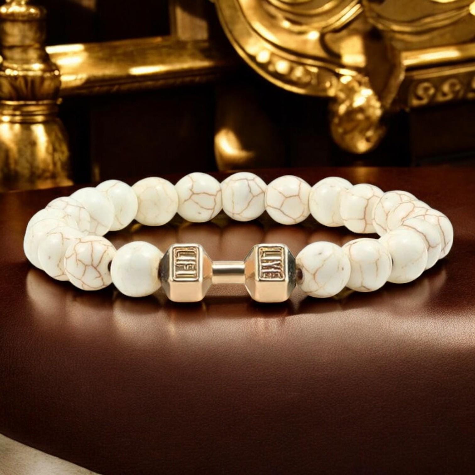 Natural Volcanic Stone Bracelet for Men  Women  Matte White and Black Lava  White Beads with Dumbbell Charm Fitness & Strength Jewelry. - My Store