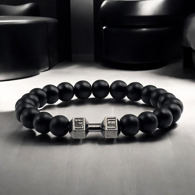 Natural Volcanic Stone Bracelet for Men  Women  Matte White and Black Lava  White Beads with Dumbbell Charm Fitness & Strength Jewelry. - My Store